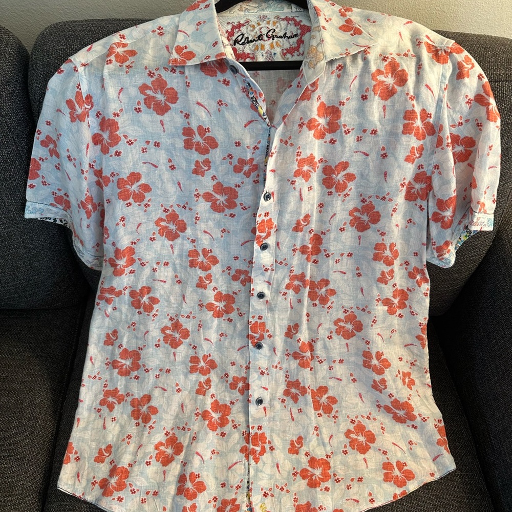 Robert Graham White & Coral Floral Short Sleeve Button-Up Shirt